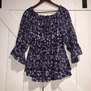 Alice + Olivia Women Small Camilla Print Blouse Top Silk Spandex Scoop Neck Boho